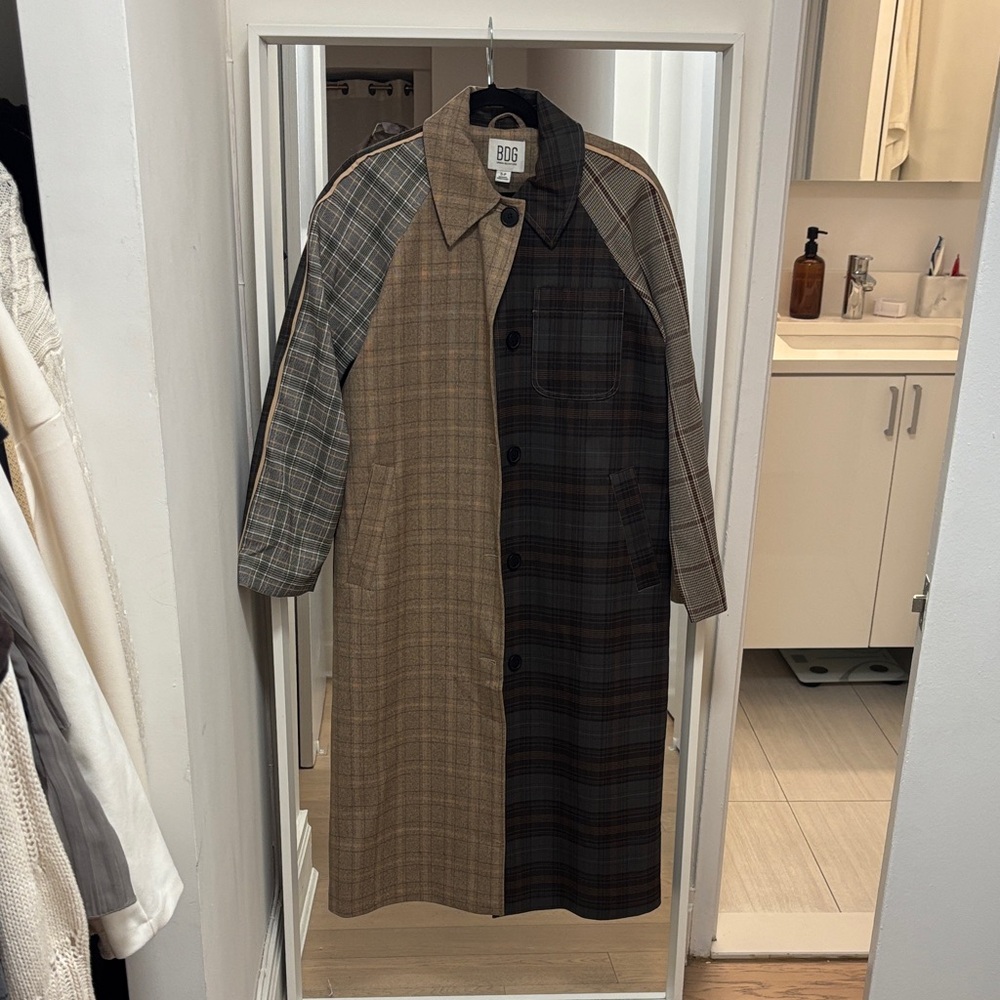 BDG Patchwork Plaid Trench Coat in Brown, Black, Gray